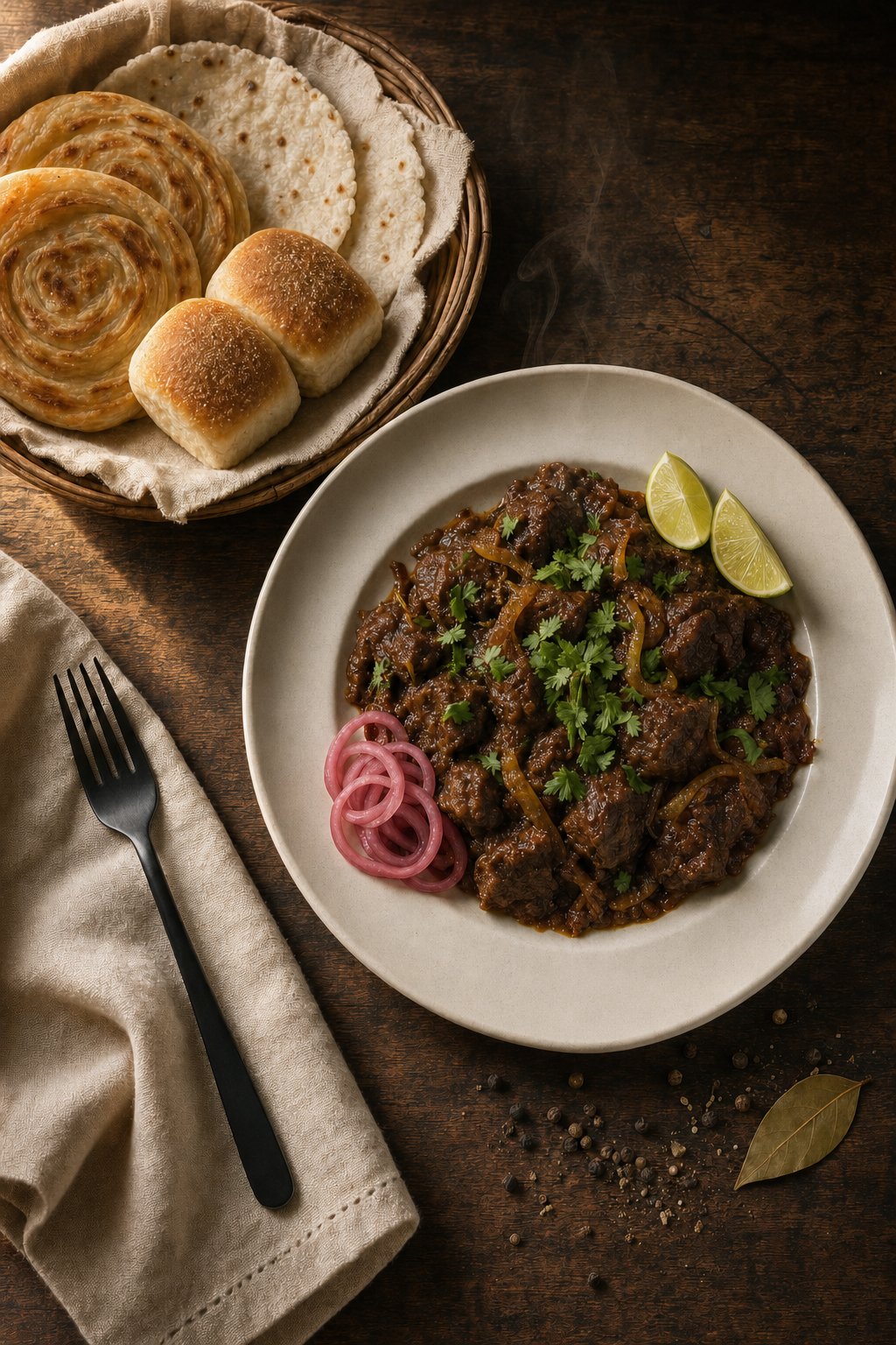 A plate of slow-cooked bhuna gosht with onions, coriander, lime and pickled red onion